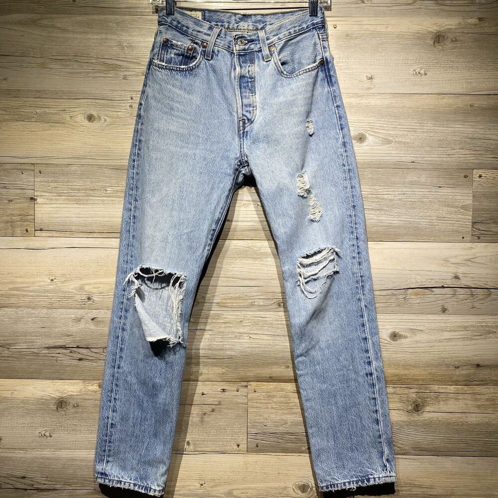 Levis Premium 501 Jean Womens 25 W26 L28.5 High Rise Button Fly Big E Distressed